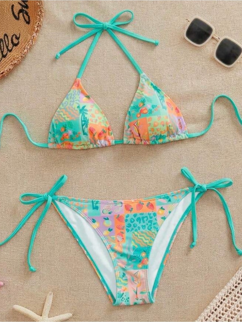 Tie-String Patchwork Print Bikini in Aqua